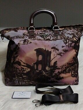 Prada Tessuto Temple Print Nylon 2 Way Bag W/Strap/Cards